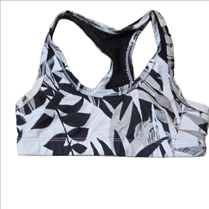 Kid's Black and White Leaf Print Sports Bra